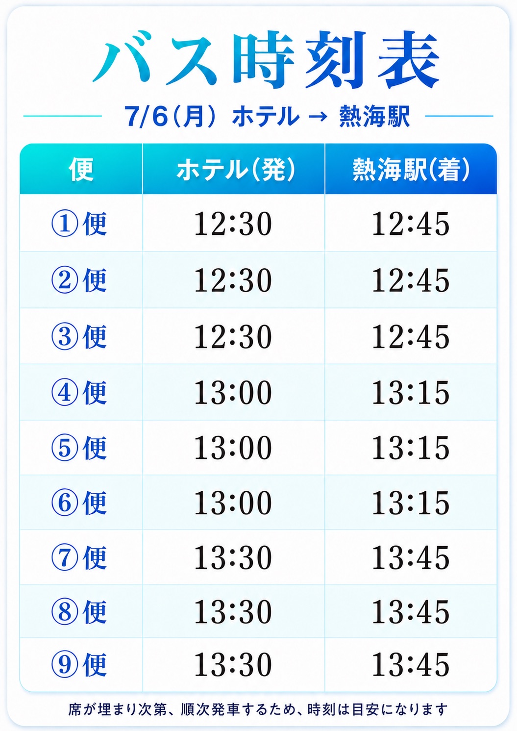 バス時刻表（ホテル→熱海駅）